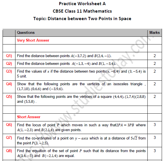 CBSE Class 11 Maths Distance between Two Points in Space Worksheet Set A